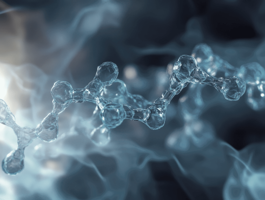 分子の構造を示す青い背景の中に浮かぶ透明な分子。