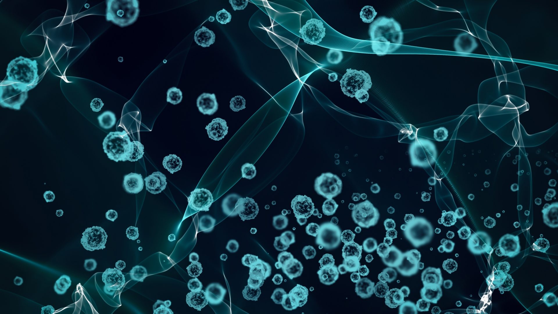 青い微細な細胞と粒子が浮かぶ抽象的な背景