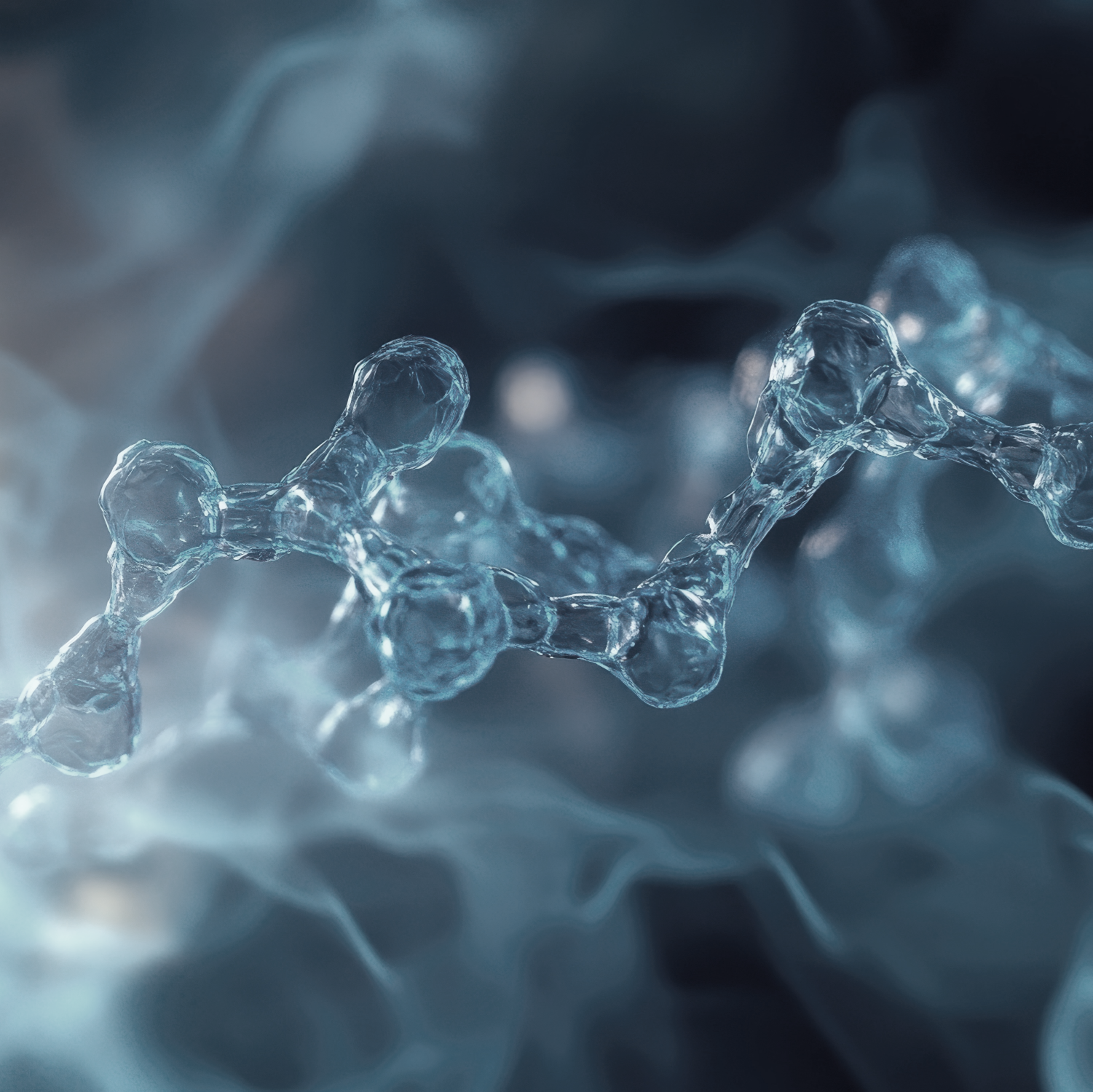 分子の構造を拡大した画像。透明な球体が繋がり、青い背景の中で光を反射している。